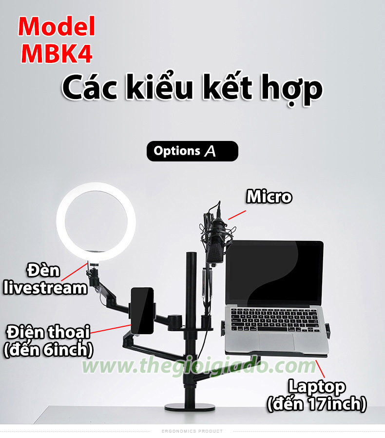 Giá đỡ đèn livestream kiêm giá đỡ laptop và điện thoại Multi MBK4