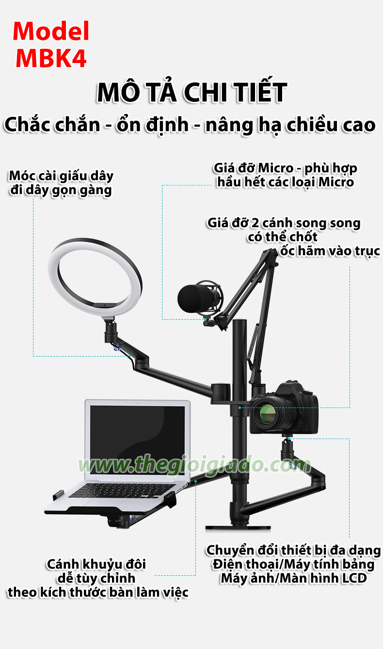 Giá đỡ đèn livestream kiêm giá đỡ laptop và điện thoại Multi MBK4